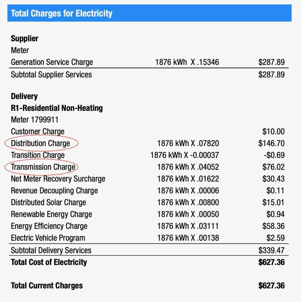 Beginning Nov. 1, 2025, heat pump owners will be charged a lower "distribution" rate during the coldest months of the year. (An Eversource bill with annotation by Miriam Wasser/WBUR)